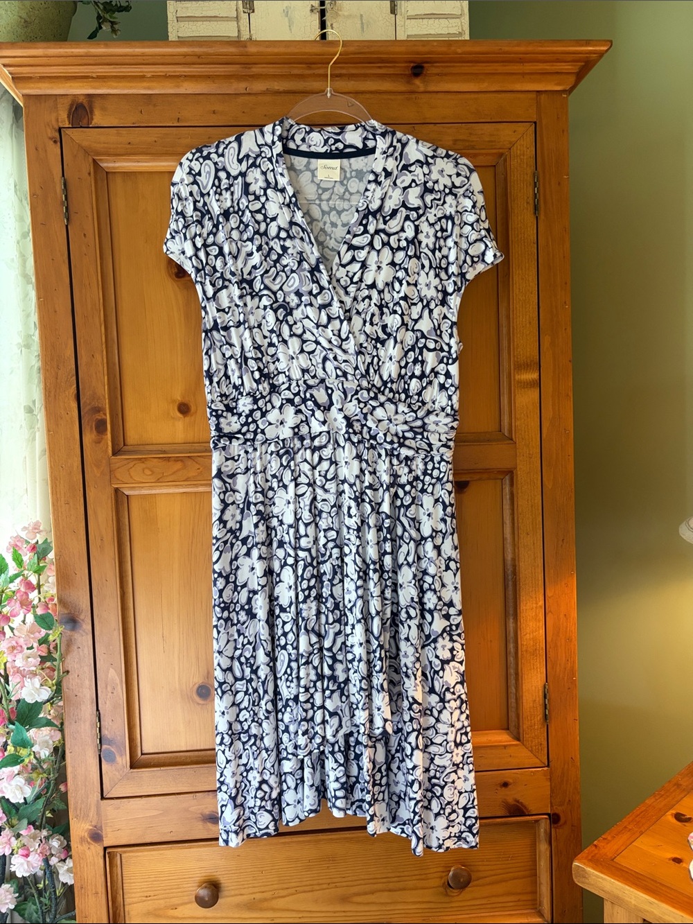 Soma Navy and White Floral Faux Wrap-Style Midi Dress